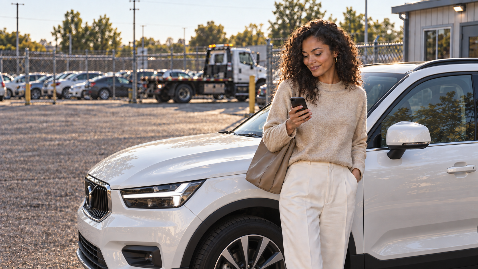 A woman smiling at her phone beside her car at a towing impound yard.