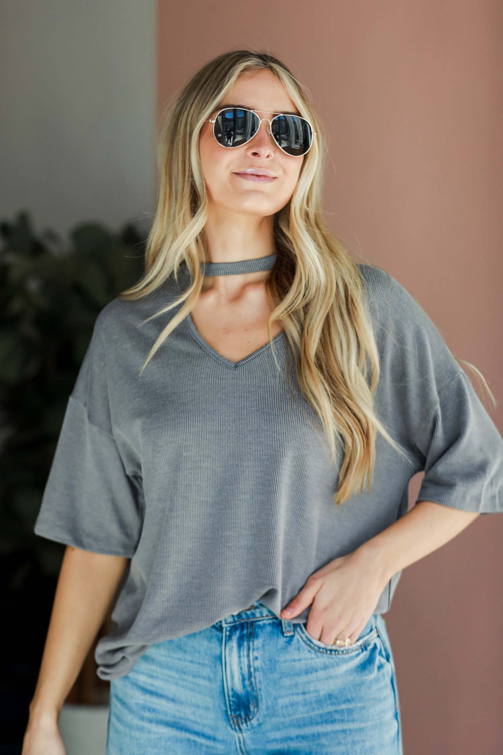 Teagan Grey Ribbed Cutout Tee - DU DEAL