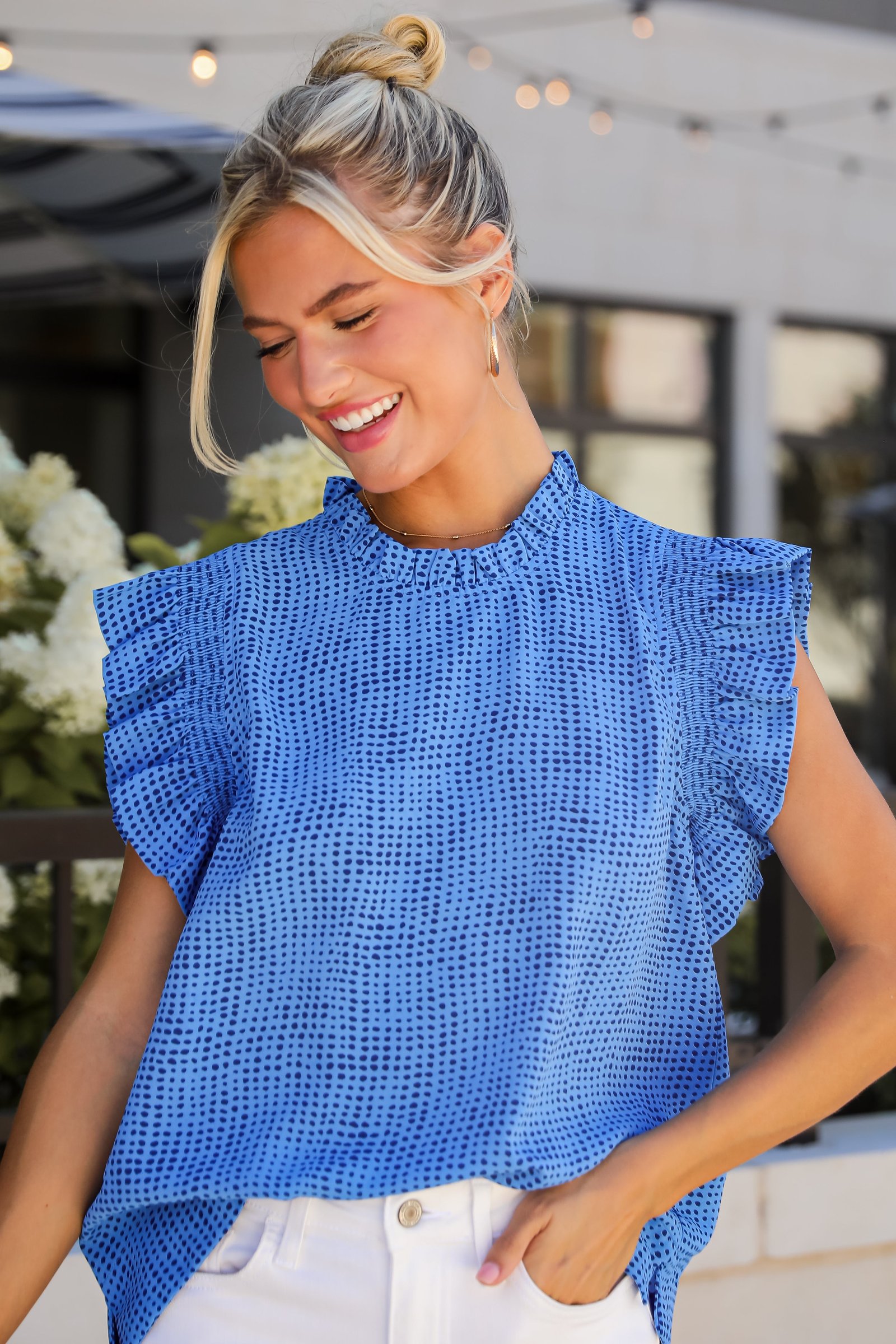 Ever Trendy Blue Dotted Ruffle Sleeve Blouse