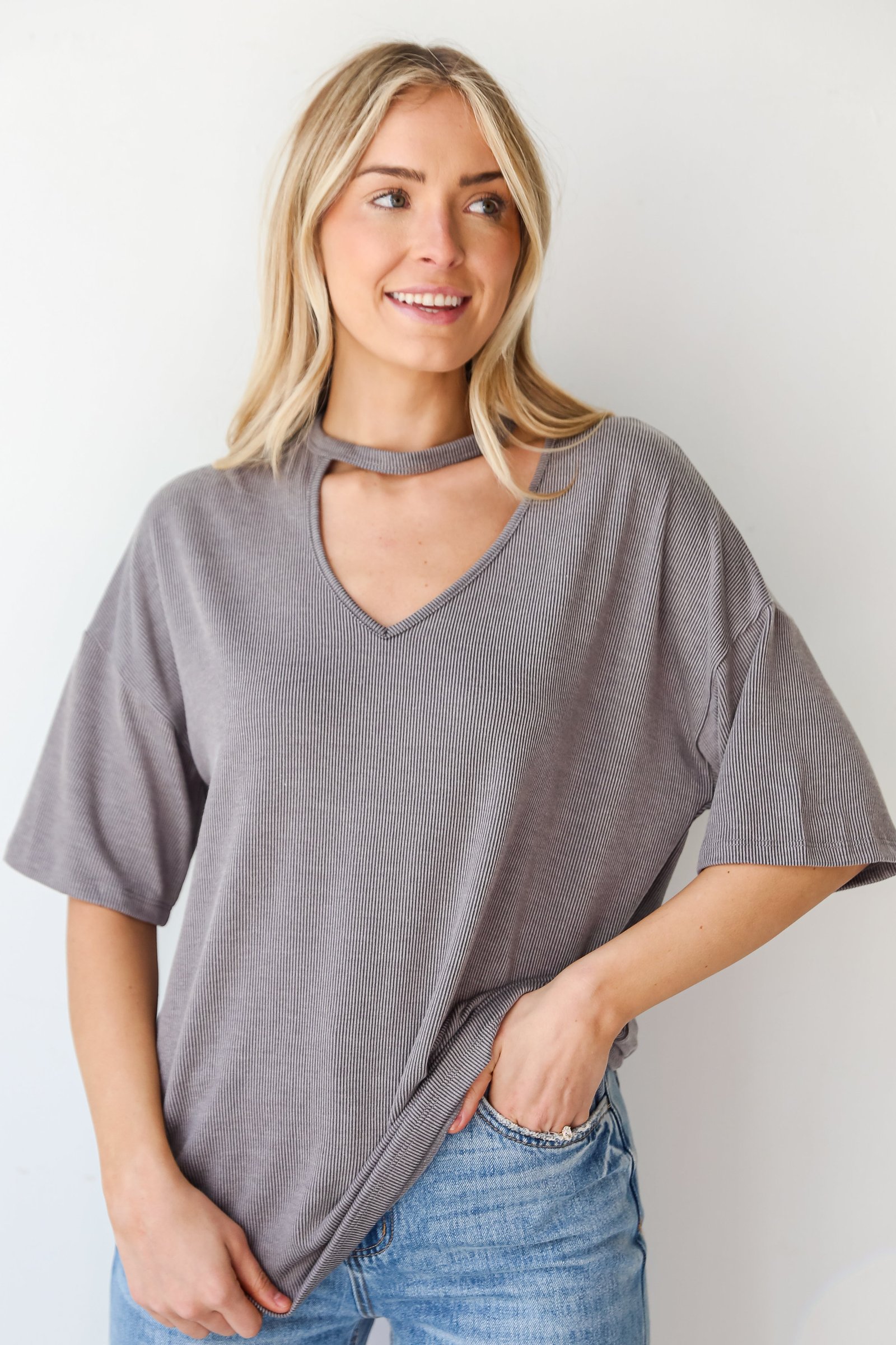 Teagan Grey Ribbed Cutout Tee - DU DEAL