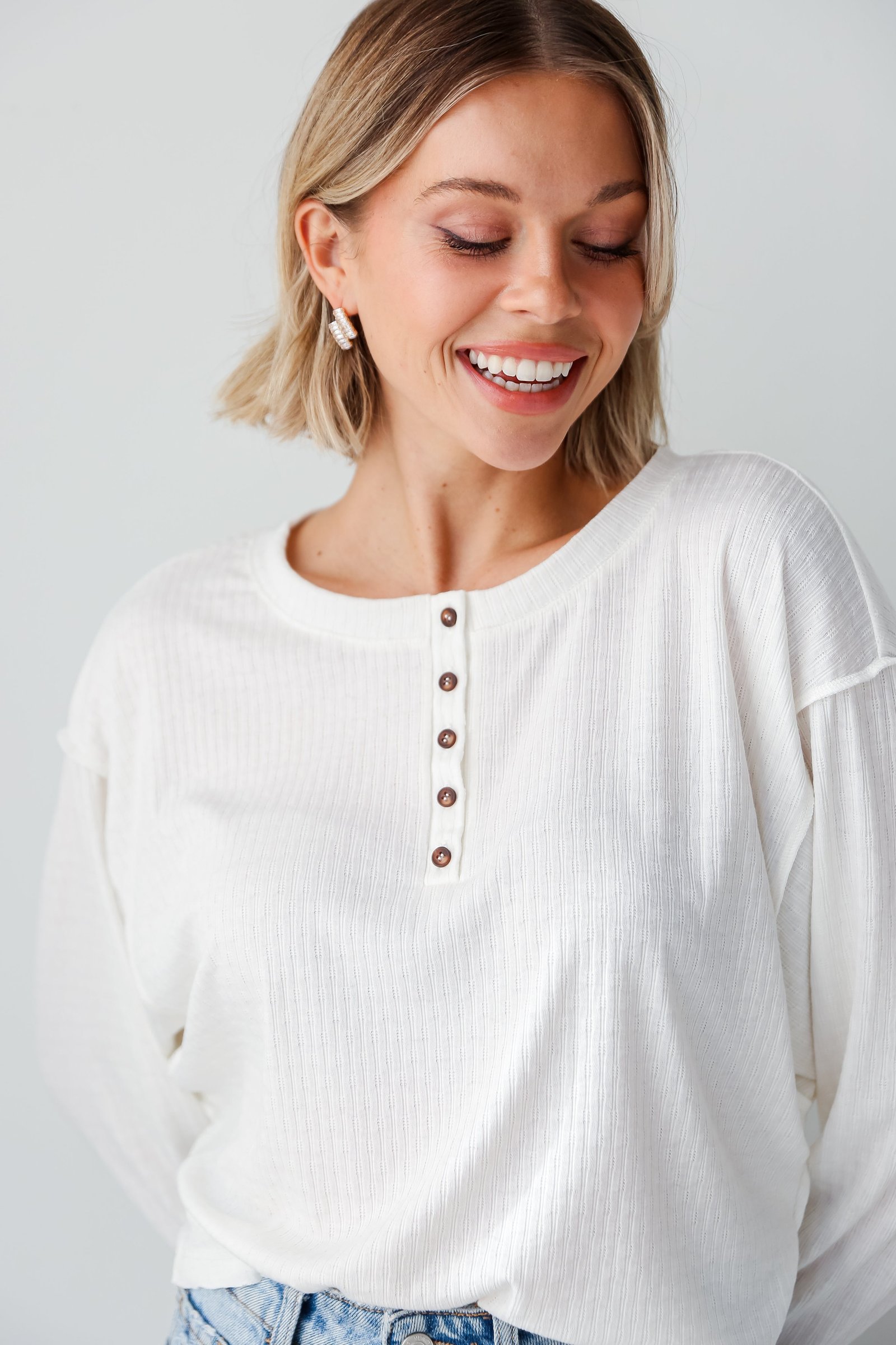 Amber White Henley Knit Top - DU DEAL