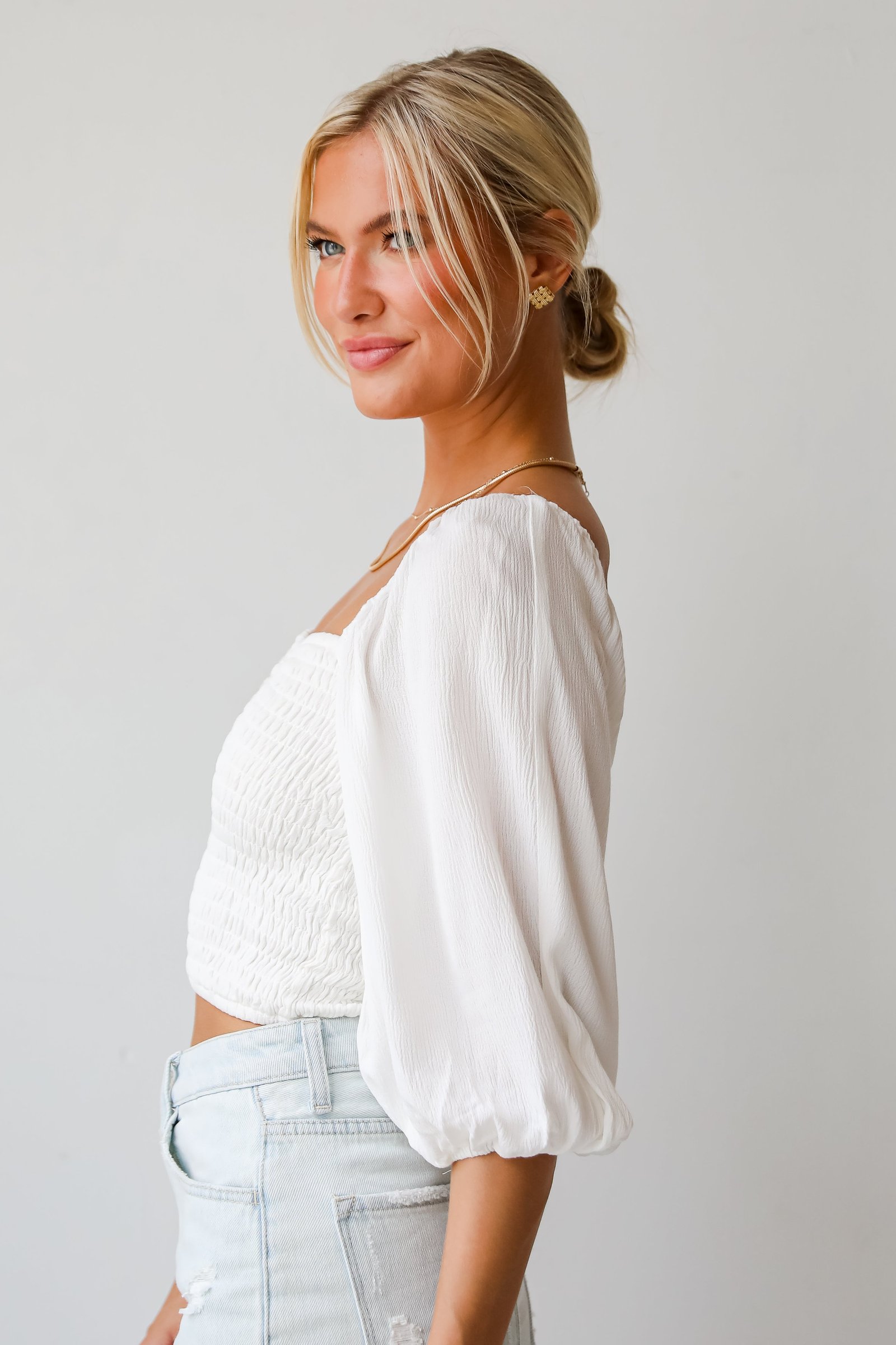 Juliette White Smocked Cropped Blouse - DU DEAL