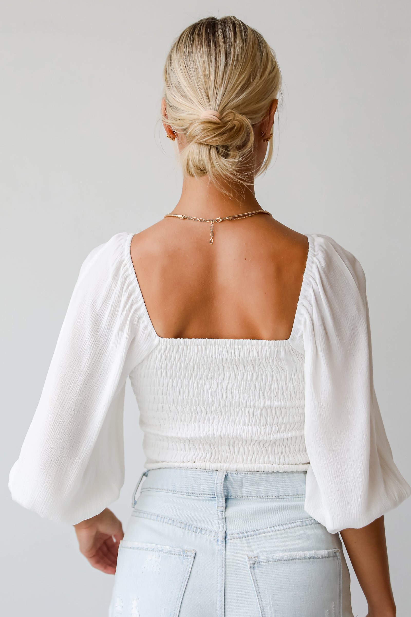 Juliette White Smocked Cropped Blouse - DU DEAL